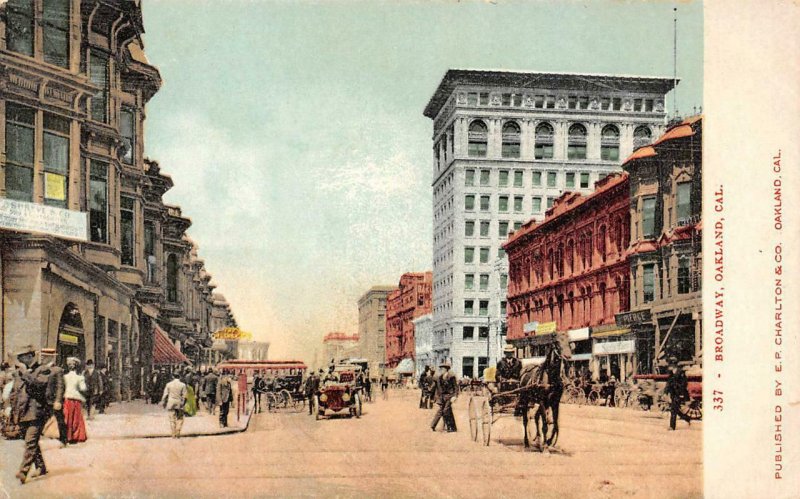 Broadway Street Scene OAKLAND, CA Horse-Drawn Carriage c1900s Vintage Postcard