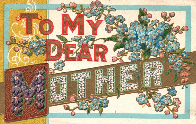 1911 To My Dear Mother Forget Me Nots African Violets Lettering Vintage Postcard