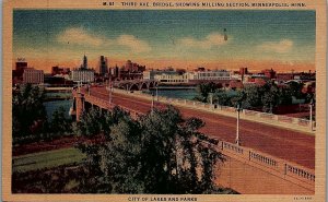 1930s MINNEAPOLIS MINN THIRD AVE BRIDGE MILLING SECTION LINEN POSTCARD 29-46