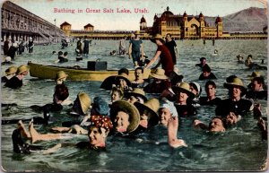 Swimming in Great Salt Lake UT fun hats bathing suits c1915 floating great image