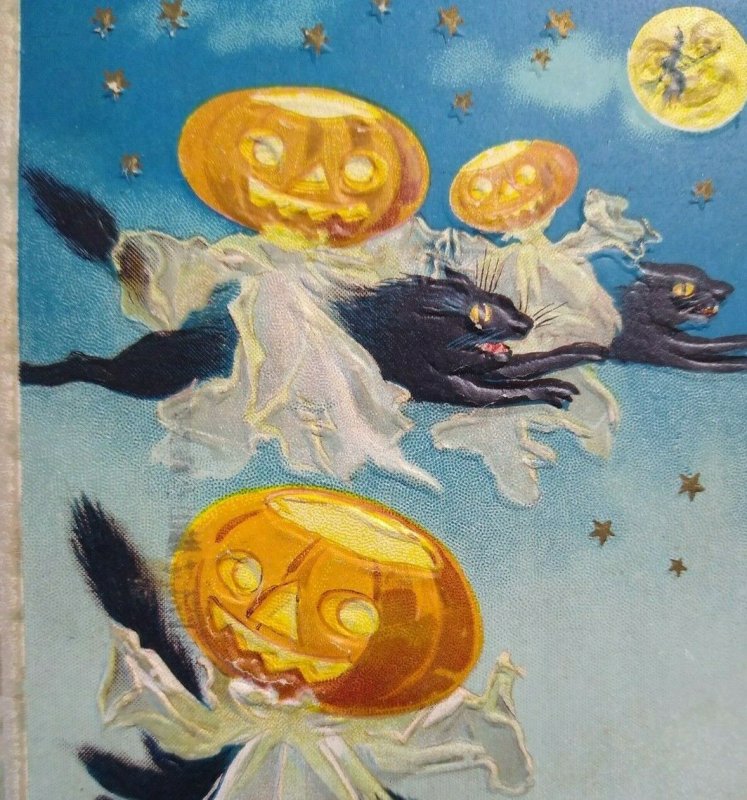 Halloween Postcard Barton Spooner Flying Goblins Black Cats Moon Embossed 1911 