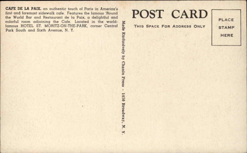 A/S George New York City NYC NY Caf� de la Paix Sidewalk Caf� Vintage Postcard