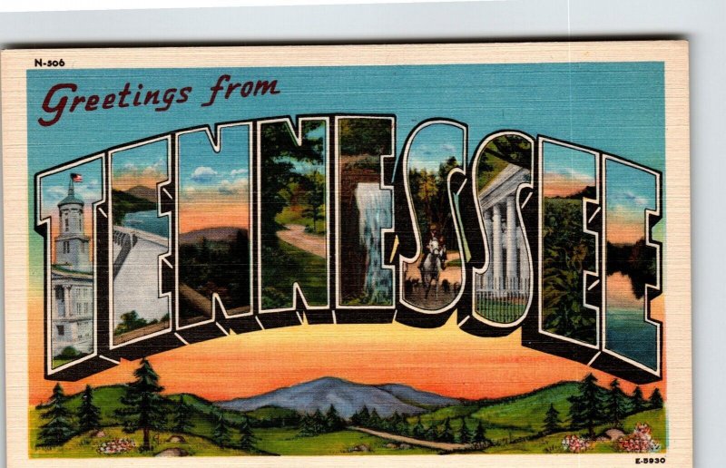 Greetings From Tennessee Large Big Letter Linen Postcard Asheville Unused