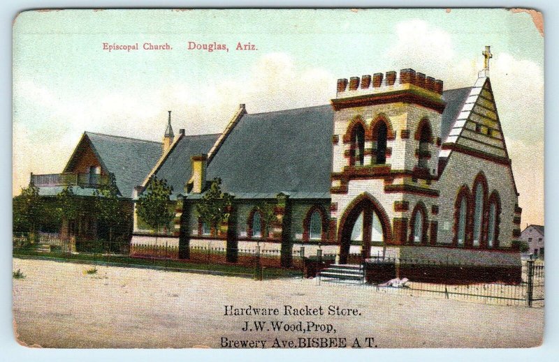 DOUGLAS, AZ Arizona  EPISCOPAL CHURCH- BISBEE HARDWARE RACKET Ad c1910s Postcard