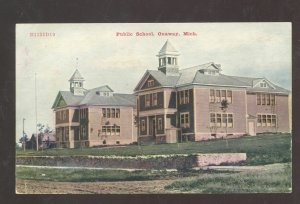 ONAWAY MICHIGAN PUBLIC SCHOOL BUILDING HANDCOLORED VINTAGE POSTCARD