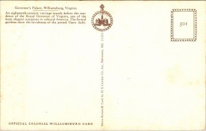 Horse Carriage Exterior Governors Palace Williamsburg Virginia VA Postcard VTG  