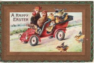 EASTER  CHICK FAMILY / CAR, ROOSTER Gottschalk postcard