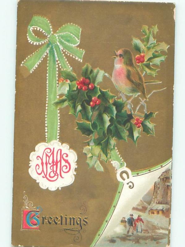 Pre-Linen Christmas CUTE BIRD SITTING ON HOLLY WITH RIBBON AB5084