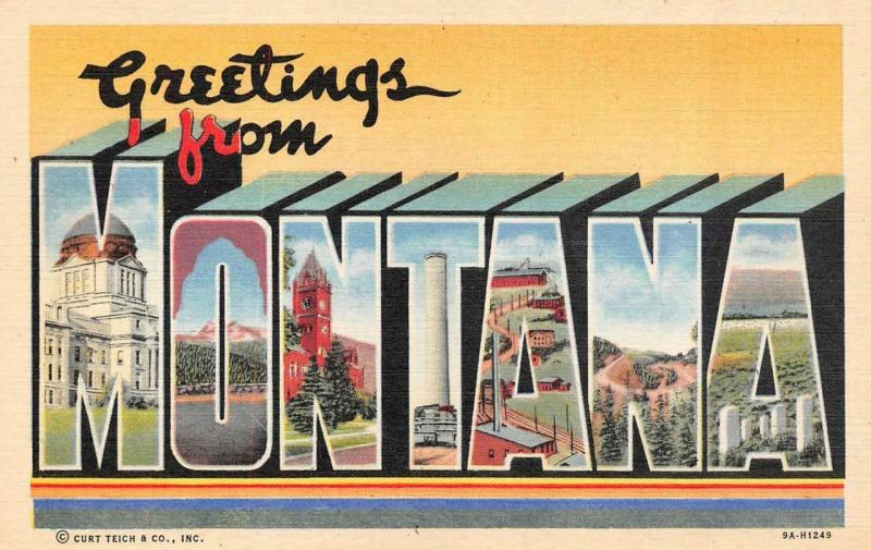 MT, MONTANA Grettings  LARGE LETTER LINEN   c1940's Curteich Postcard 