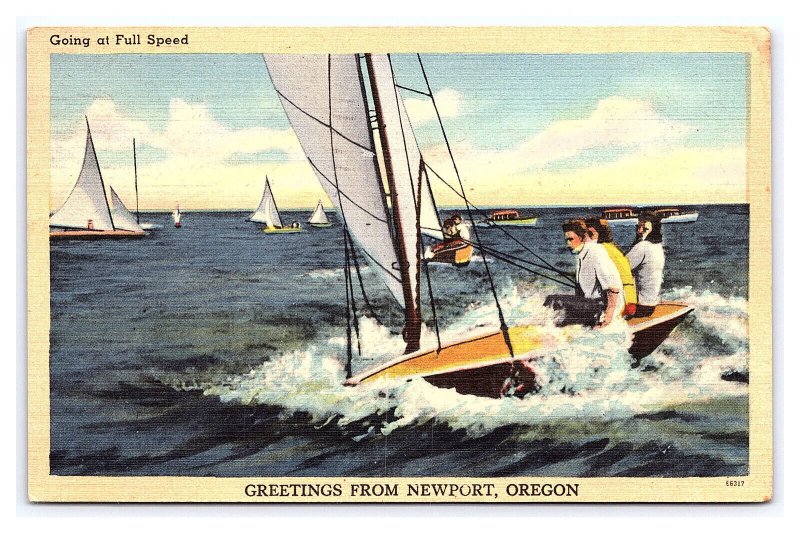 Greetings From Newport Oregon c1949 Postcard Going At Full Speed Sailboat