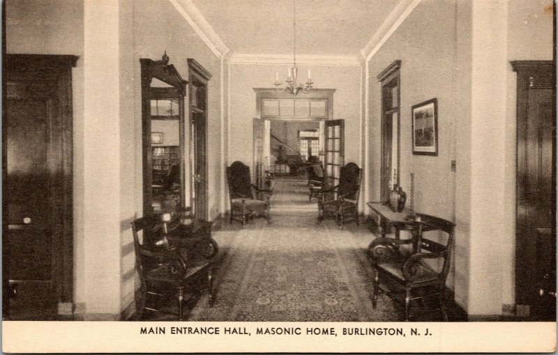 Vtg Burlington New Jersey NJ Masonic Home Main Entrance Hall Postcard