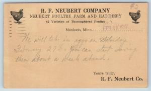 Postal Card MN Mankato Neubert Poultry Farm & Chicken Hatchery 1937 Ad Card P18
