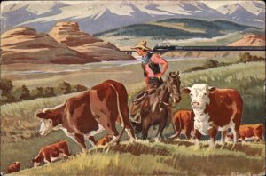 Montana MT Cowboy Union Pacific Railroad Cattle #9 in Series 1920s-40s Postcard