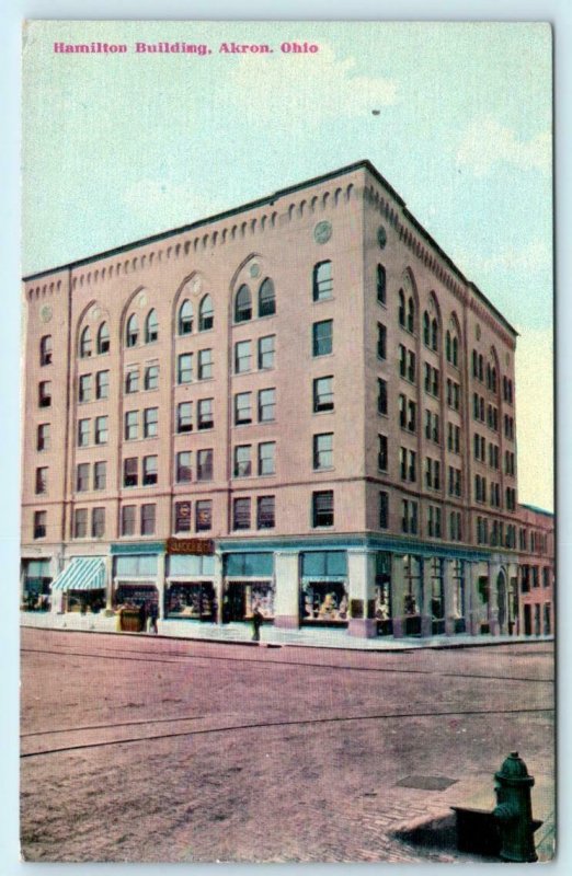 AKRON, Ohio OH ~ HAMILTON BUILDING Street Scene c1910s Postcard