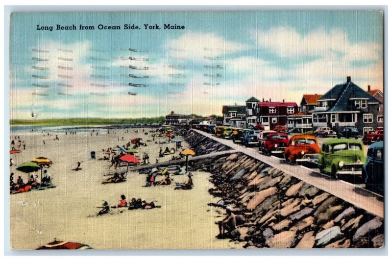 1959 Cars, Bathing Scene, Long Beach from Ocean Side York Maine ME Postcard 