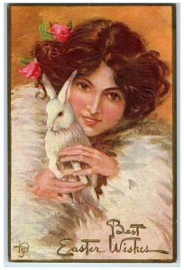 c1910's Easter Wishes Pretty Woman Curly Hair Rabbit Flowers Antique Postcard