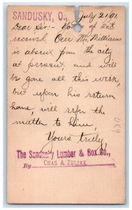 1891 The Sandusky Lumber & Box Co. Sandusky Ohio OH Elyria OH Postal Card