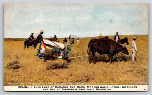 Farming~Spain Land of Romance & Song Oxen Pulling Harvester~Vintage Postcard
