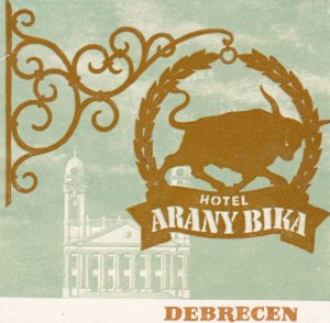 Hungary Debrecen Hotel Arany Bika Vintage Luggage Label sk3877