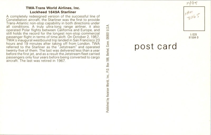 TWA Trans World Airlines Lockheed 1649A Starliner Postcard J44