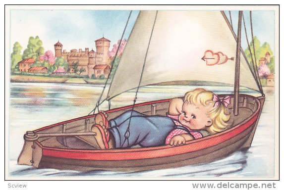 Little blonde girl wearing overalls lieing in sail boat, Arrow crossing heart...