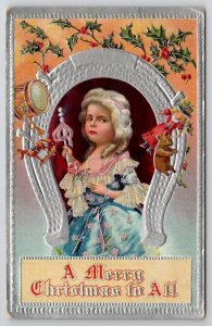 Christmas Beautiful Girl Silver Horseshoe Drun Doll Bear Holly Horn Postcard Z25