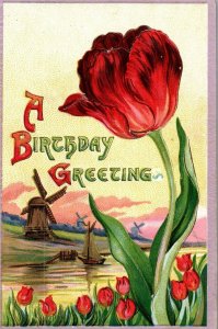 Vintage Postcard-Early 1900s-Birthday-Tulips-Floral-Dutch Windmills