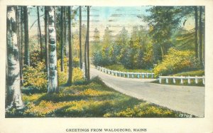 Greetings from Woldboro Maine Country Road  1926 White Border Postcard Used