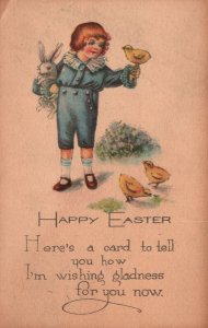 Happy Easter Greetings Card Little Boy w/ Rabbit & Chicks Vintage Postcard 1924