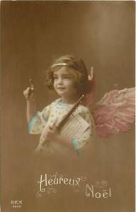 Hand-Colored RPPC Christmas Child Cherub w/ Flute & Sheet Music Rex 4830 France