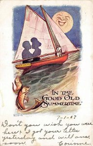 Good Old Summertime Romance 1907 Postcard Couple Spoon Holder Boat Smiling Moon