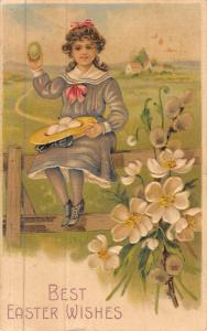 Best Easter Wishes Little Girl With Eggs Antique Postcard K44404