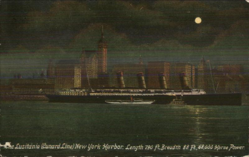 Ill-Fated Steamship Ship LUSITANIA New York City at Night c1910 Postcard