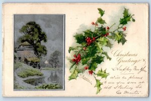 1906 Christmas Greetings Holly Berries Mill Klein Signed Artist Nash Postcard