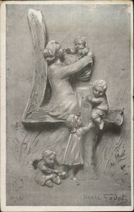 Henri Godet Large Number Series Children Mother Relief Sculpture Postcard 4