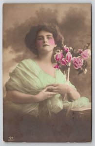 RPPC Glamour Girl Pretty Woman Stormy Skies Tinted Real Photo Postcard M22