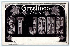 c1910 Greetings from St. John New Brunswick Canada Big Letter Women Postcard