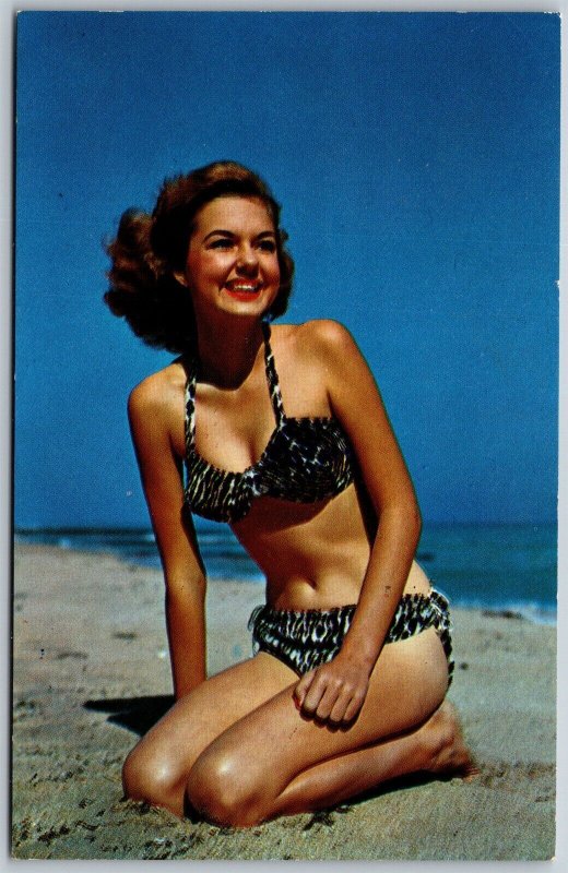 Vtg Florida Beachcomber's Delight Pinup Girl Wearing Bikini on Beach Postcard