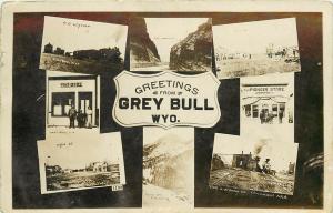 RPPC Postcard Grey Bull WY Multiview Main St. Railroad Station Post Office Store