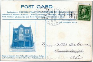 postcard Ohio, Yocum New Philadelphia and Dover Business College Advert