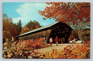 c1970 Men with Classic Car at Old Covered Bridge in Fall Vintage Postcard 1658