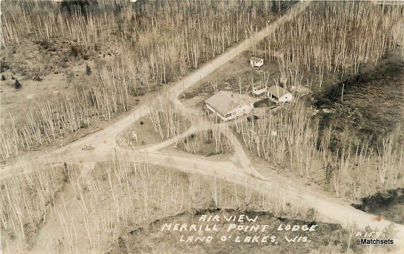 1930s LAND O LAKES WISCONSIN Air View Merrill Point Lodge 9398 postcard