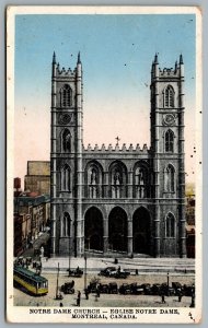 Postcard Montreal Quebec c1923 Notre Dame Church Eglise Notre Dame Trolley Cars