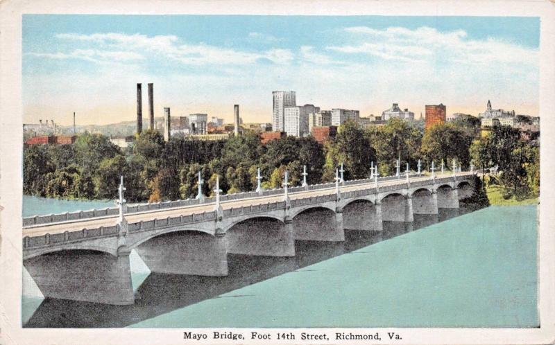 RICHMOND VIRGINIA~MAYO BRIDGE OVER JAMES RIVER-14th STREET POSTCARD 1920s