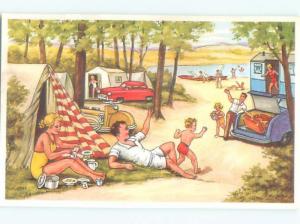 foreign 1950's Postcard MOTORCYCLE SCOOTER & OLD CARS IN CAMPGROUND AC3442@