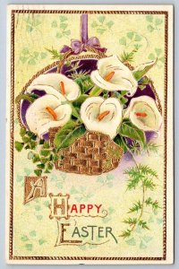 A Happy Easter, Lilies, Hanging Basket, 1914 Embossed GD&DL Winsch Back Postcard