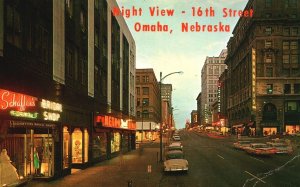 Vintage Postcard Night View 16th St. Shopping District Buildings Omaha Nebraska
