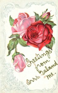 Vintage Postcard Greetings From Our Island Maine Red & Pink Roses Design