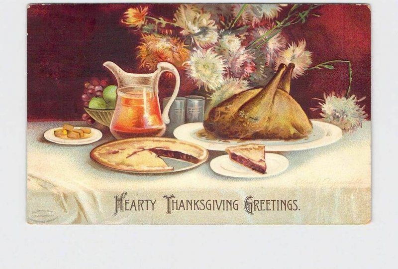 ANTIQUE POSTCARD THANKSGIVING CLAPSADDLE HEARTY GREETINGS DINNER TABLE TURKEY PI