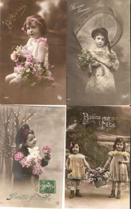 Children with flowers Nice lot of four (4) Old vintage French photo postcards